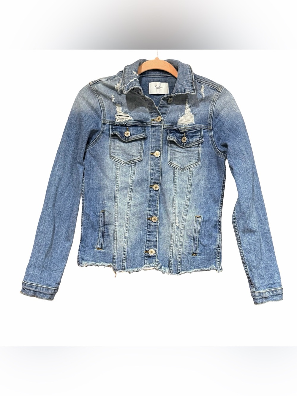 KanCan Distressed Denim Jean Jacket Frayed Hem Button Front